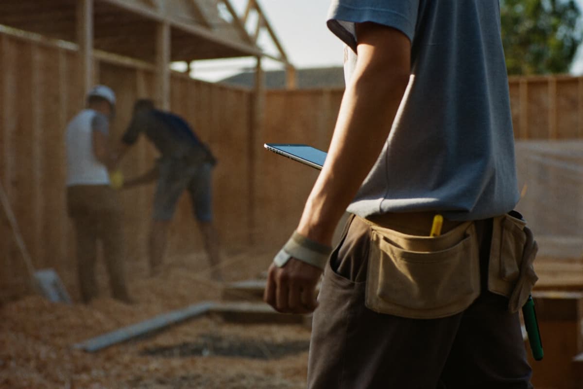Site supervisor carrying a tablet through an active house framing site in golden light