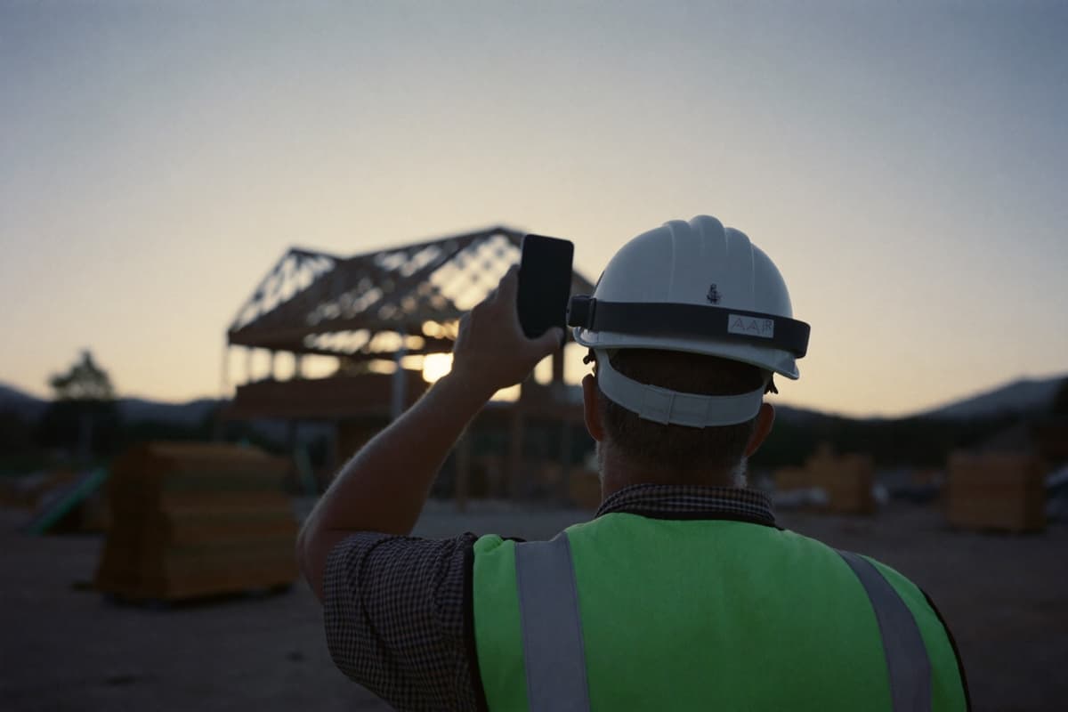 Contractor filming a framed house with his phone at dawn on a residential jobsite