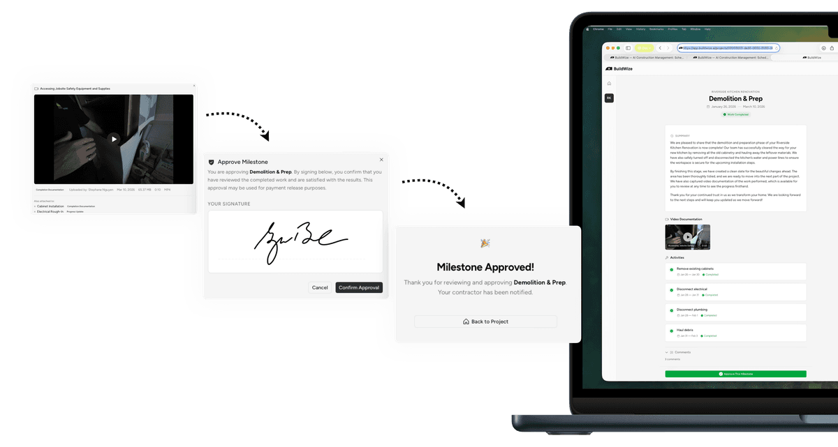 BuildWize client portal showing milestone details, video documentation, digital signature approval, and activity timeline